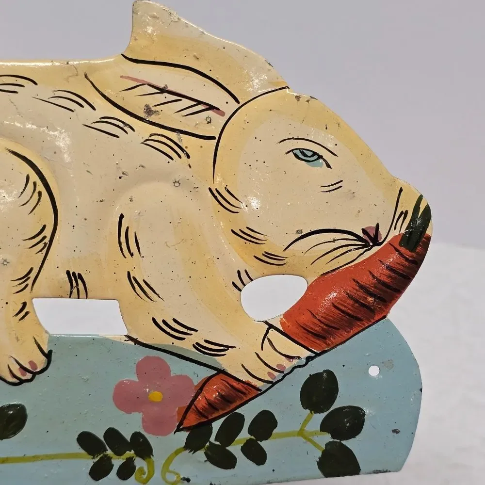 Vintage Hand Painted Folk Art Bunny Rabbit Farmhouse Metal Wall Hook Easter